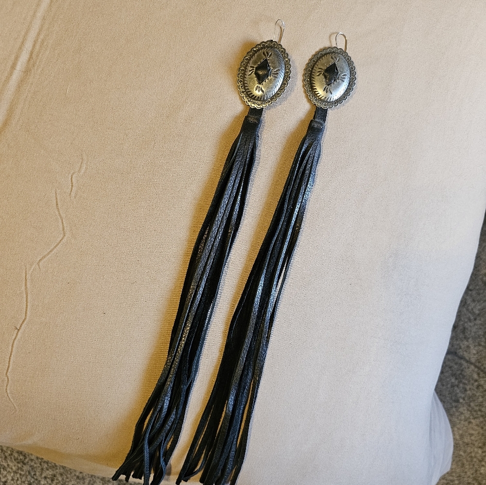 Saddle Tramp Concho Leather Fringe Earrings